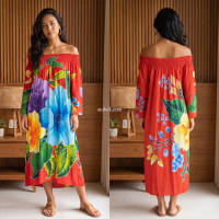 Hand Painted Rayon Off Shoulder Dress